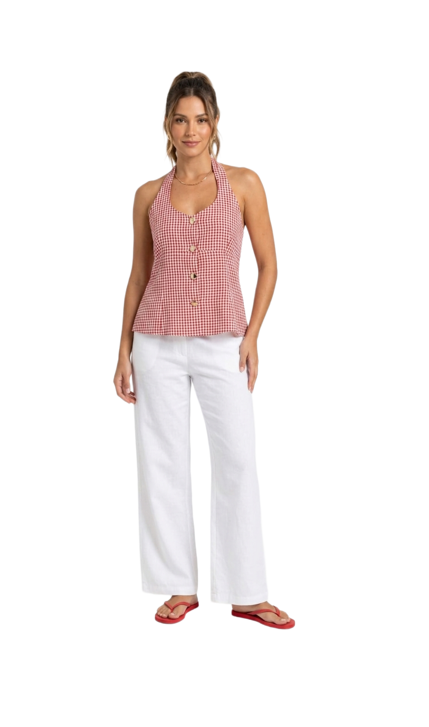 Crop top halter cuadricula con botones dorados