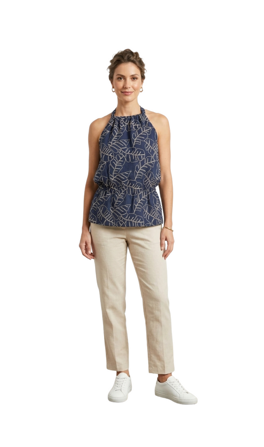 Blusa de lino azul con tejido decorativo de naturaleza