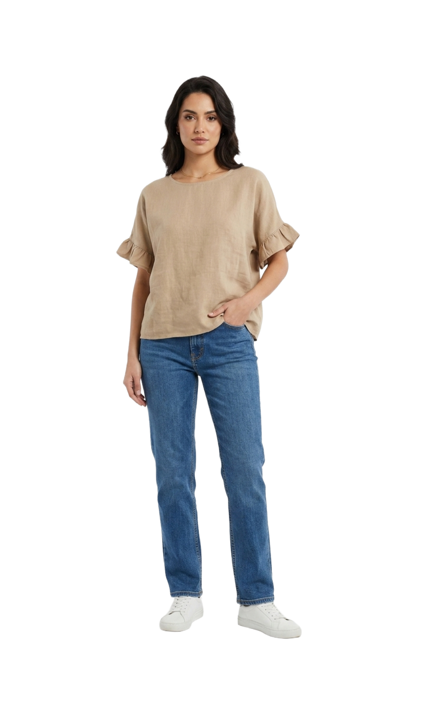 Blusa beige cuello redondo con manga plisada