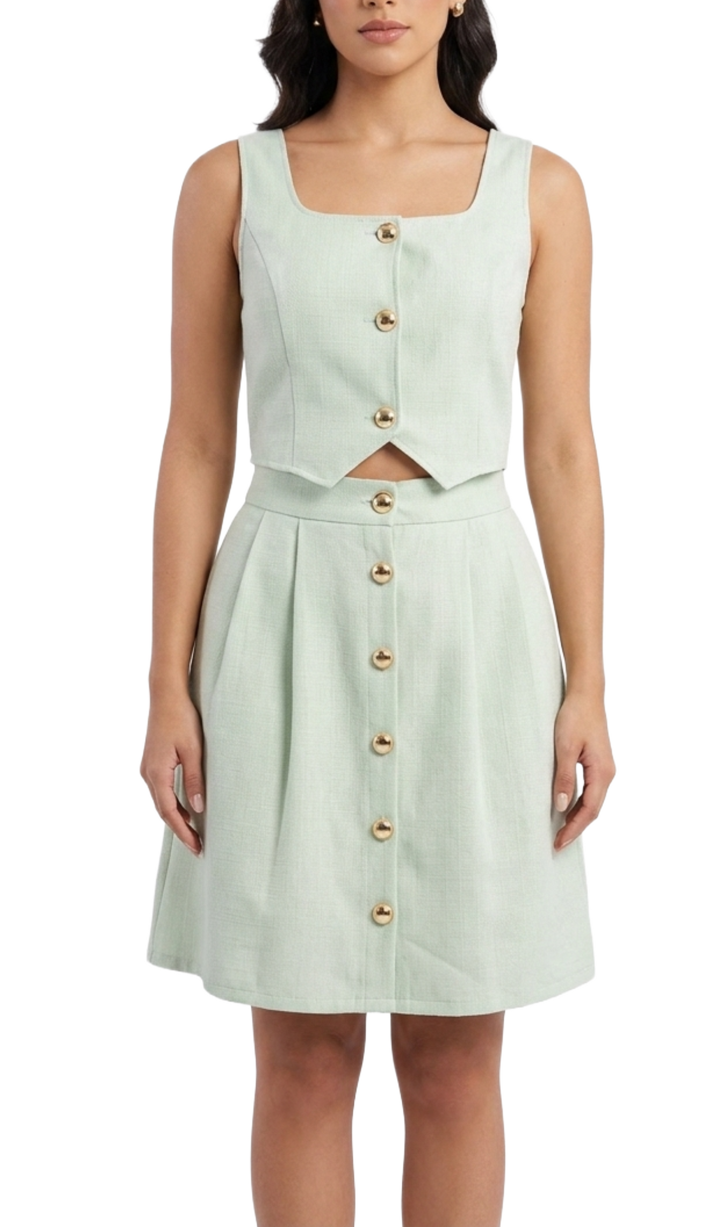 Conjunto verde de chaleco abotonado y falda circular