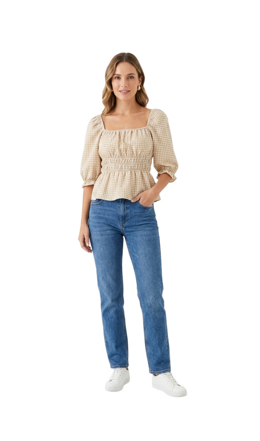 Blusa tipo campesina cuadriculada beige y cafe