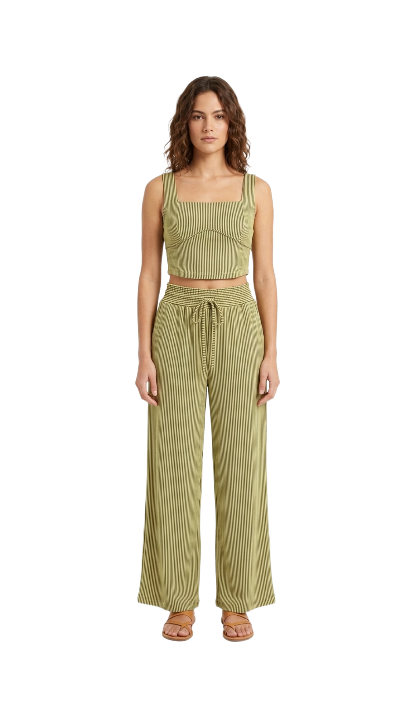 Conjunto verde de top y pantalón acanalado con rayas negras