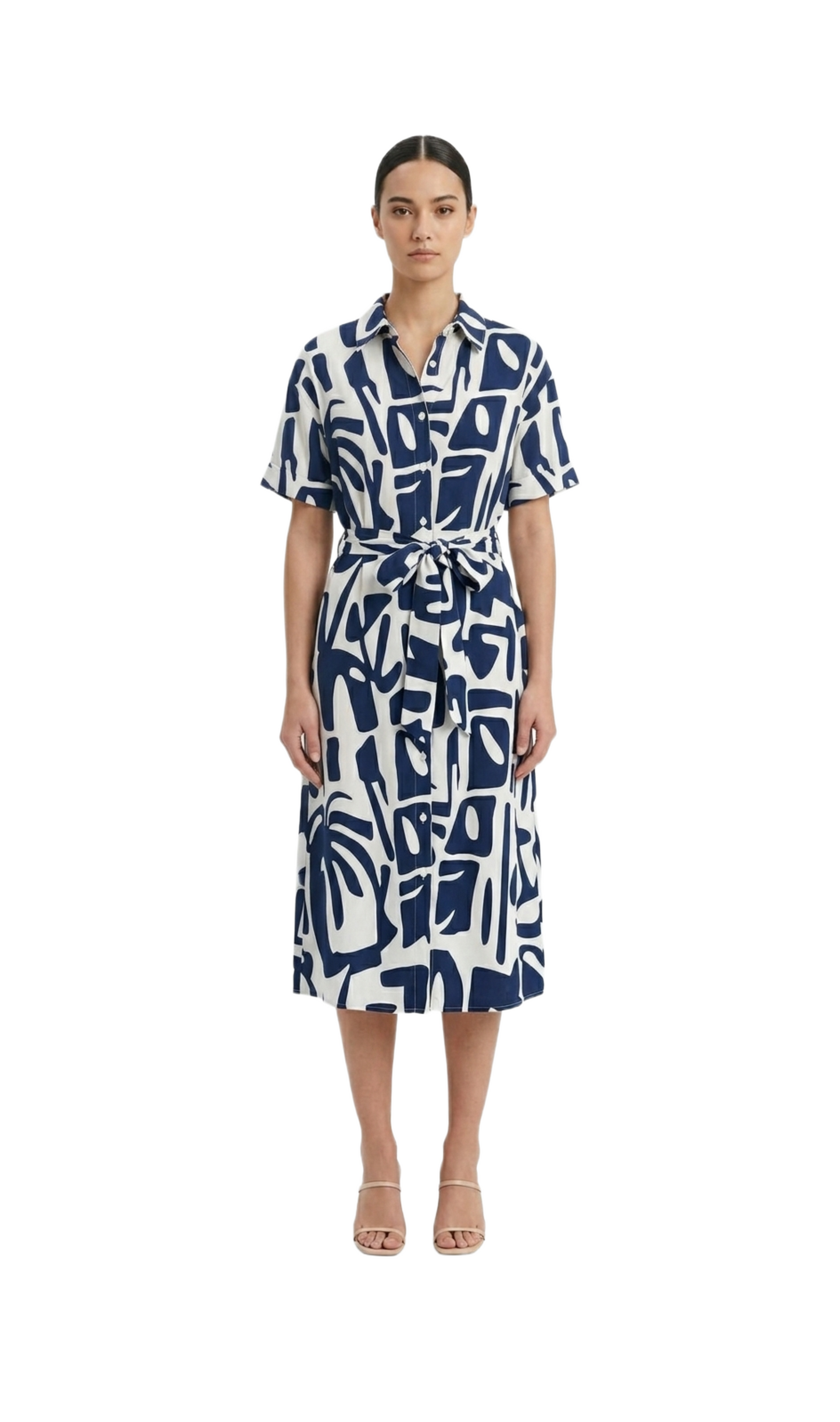 Vestido beige con estampado azul abotonado