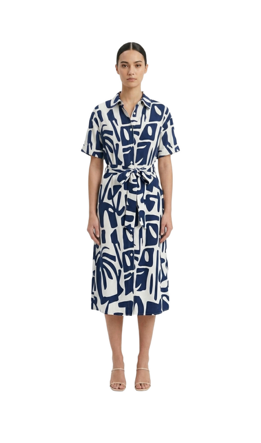 Vestido beige con estampado azul abotonado