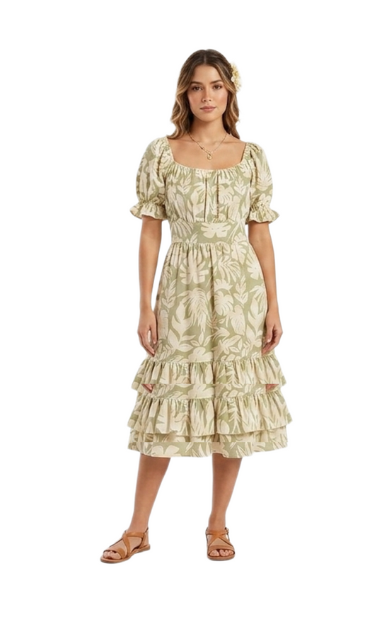 Vestido verde con flores beige