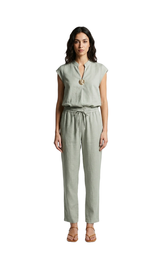Conjunto de lino de blusa con prendedor y pantalon con elastico en cintura
