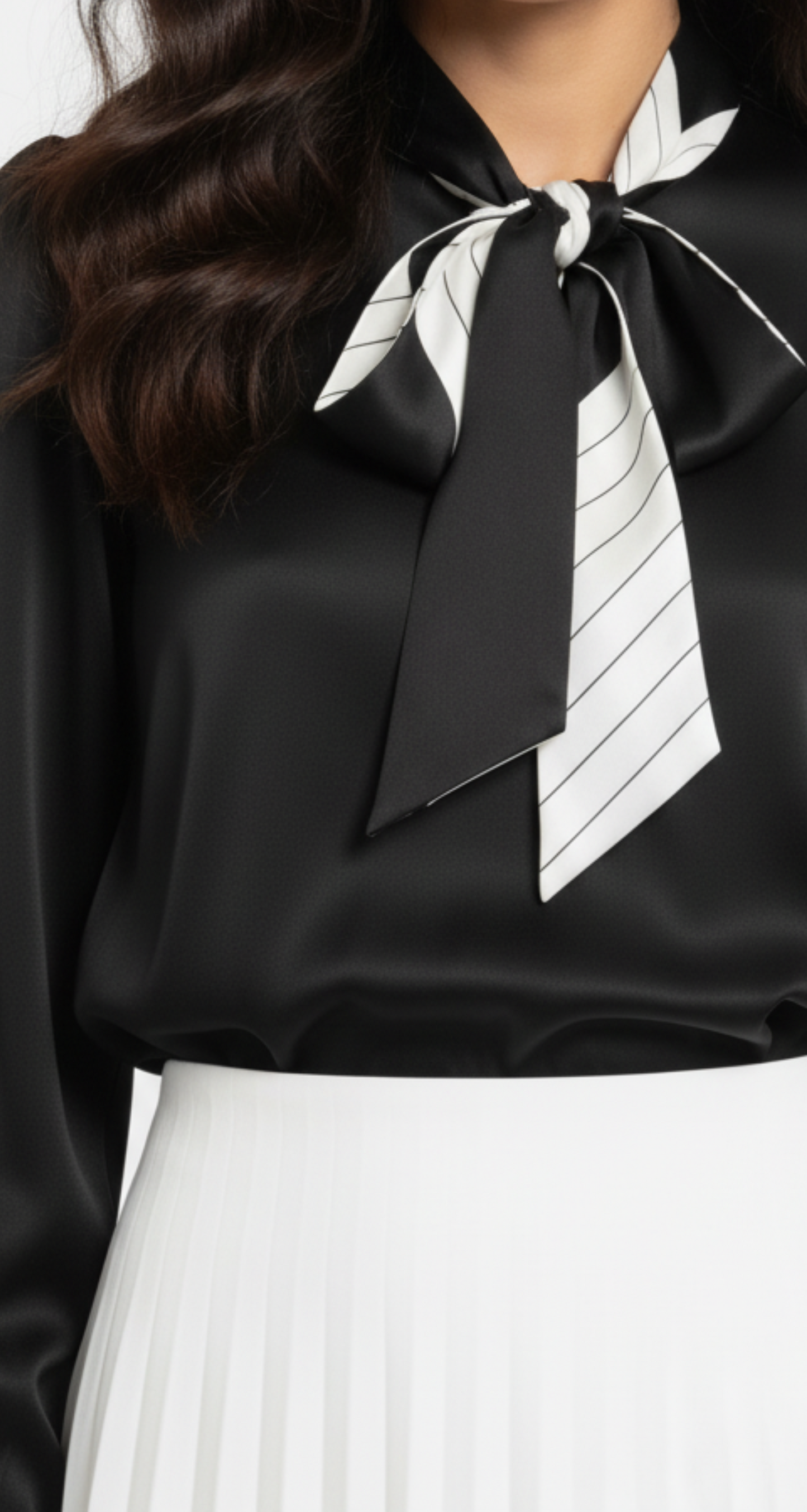 Blusa negra satinada con amarre en cuello