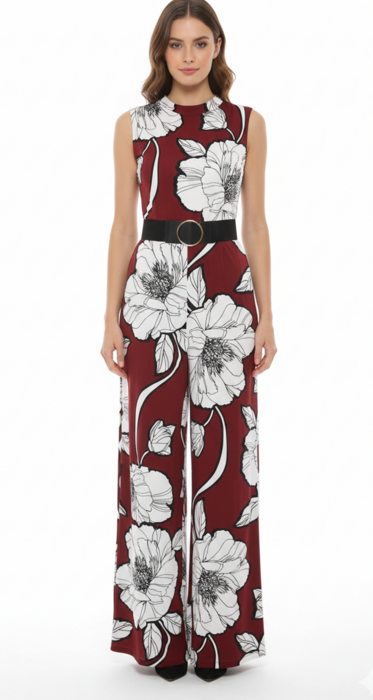 Palazo rojo con flores decorativas y cinturón ajustable