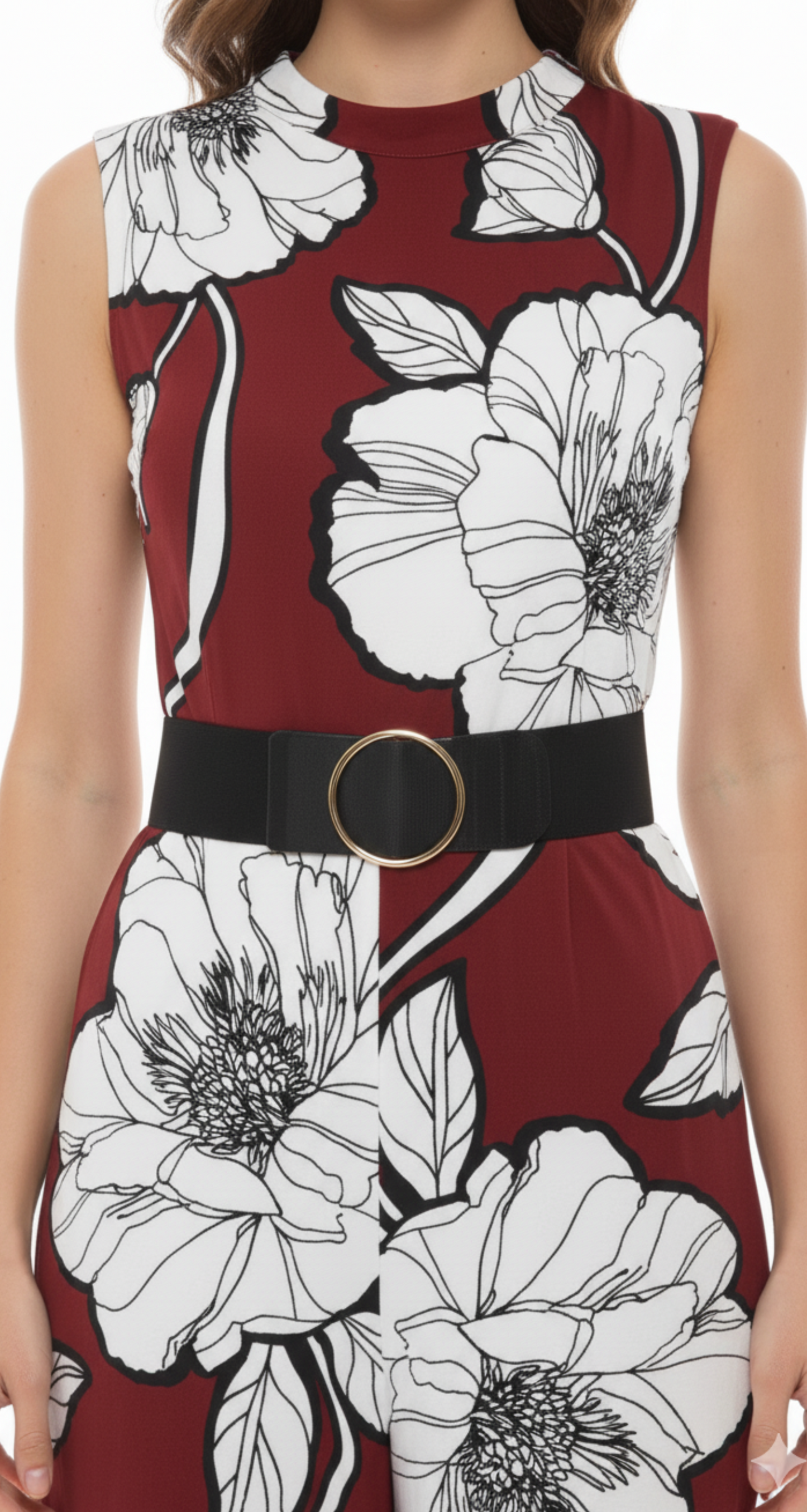 Palazo rojo con flores decorativas y cinturón ajustable