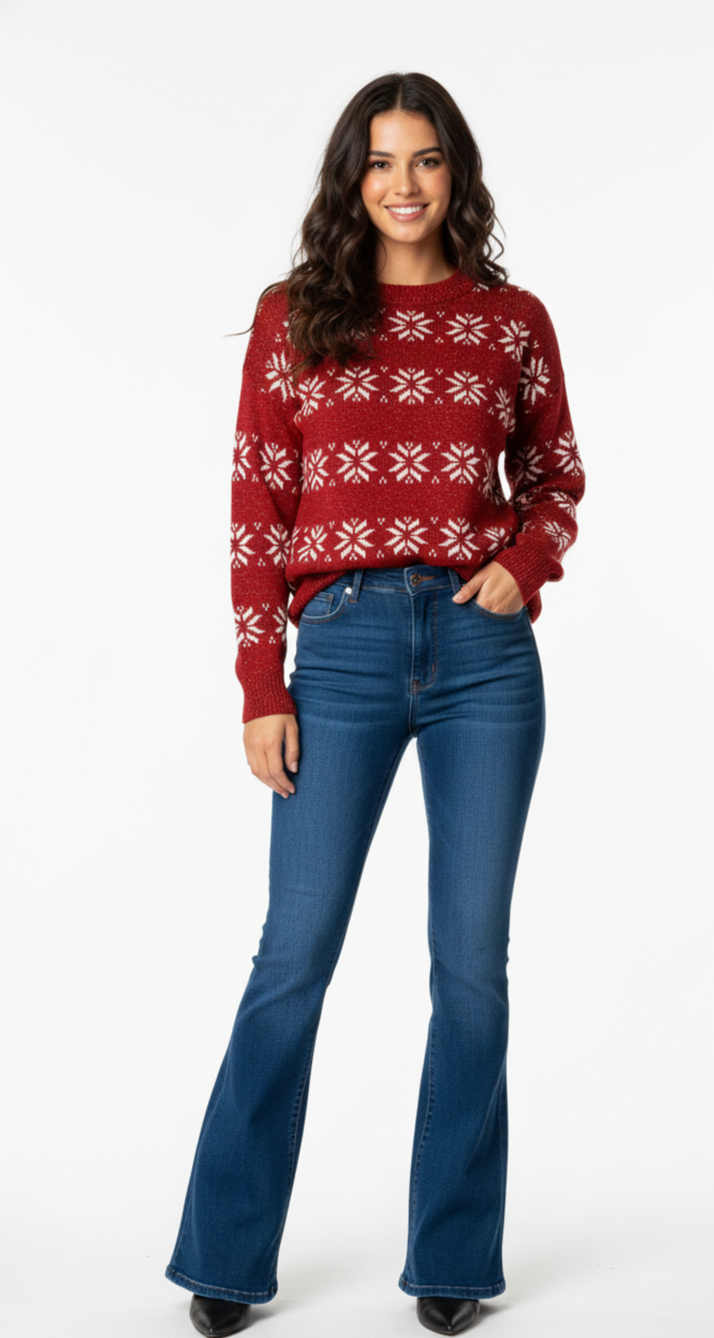 Suéter guinda tejido con copos navideños decorativos