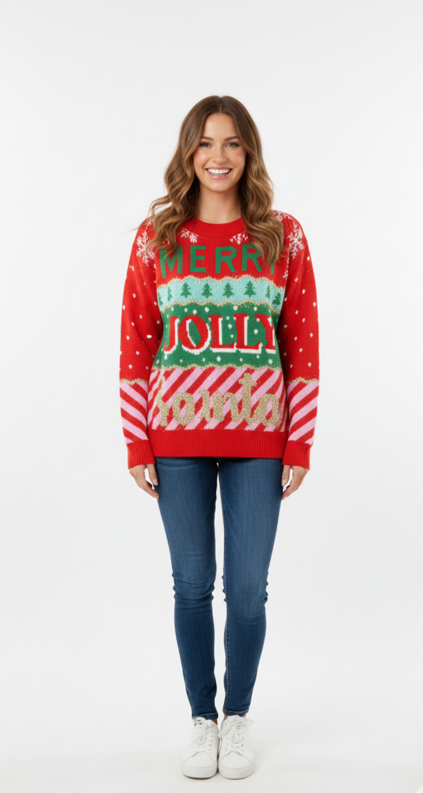 Suéter navideño rojo con estampado de arbolitos y merry christmas