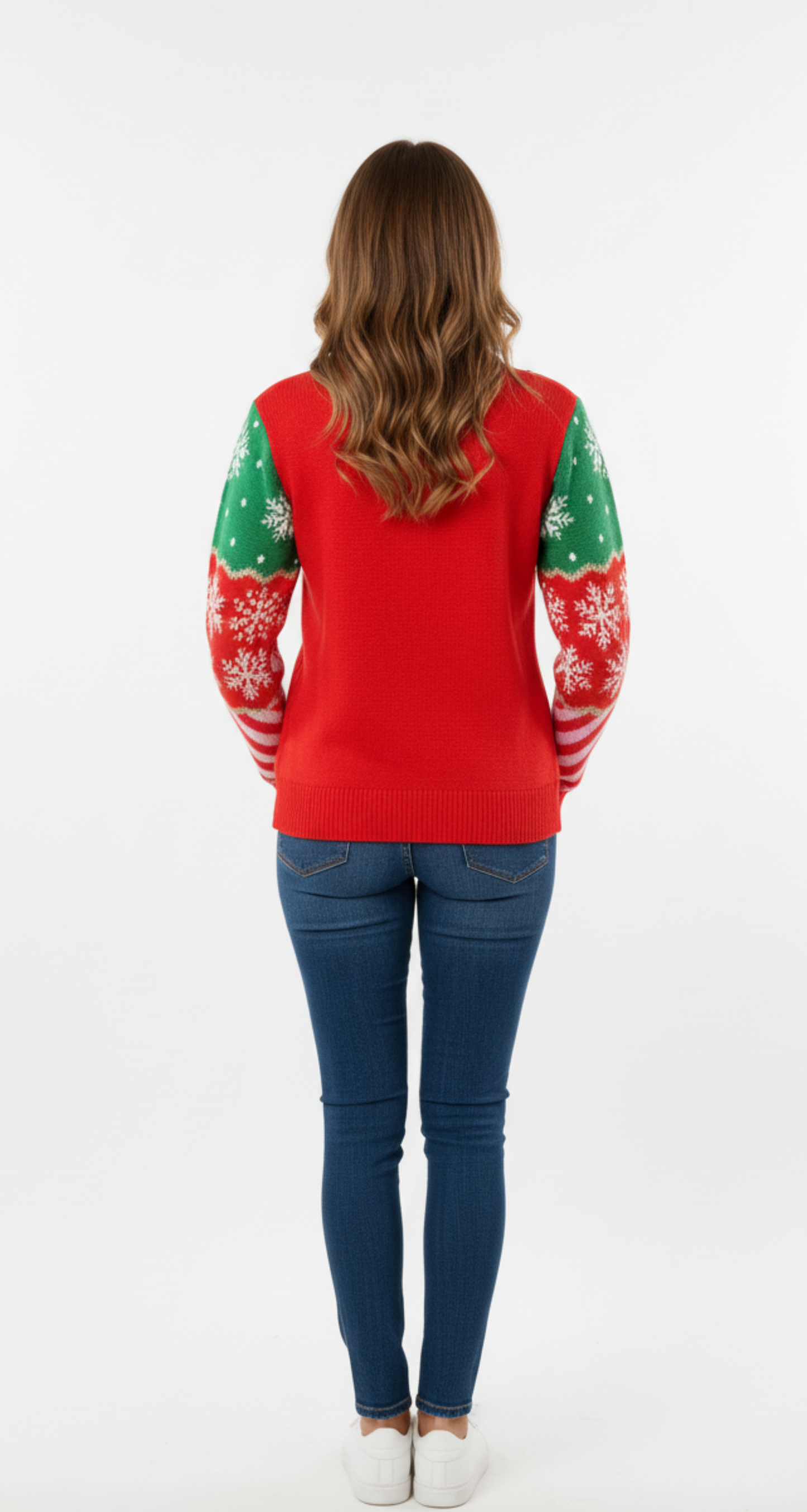 Suéter navideño rojo con estampado de arbolitos y merry christmas