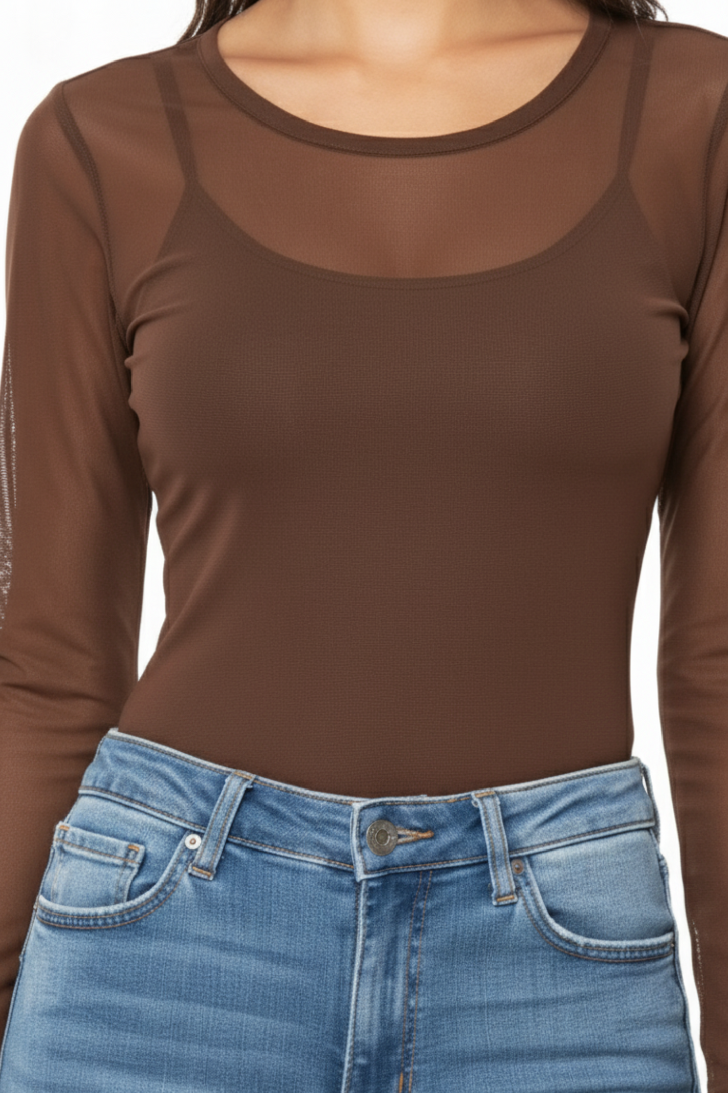 Blusa mesh cafe cuello redondo