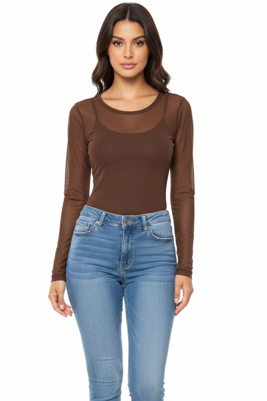 Blusa mesh cafe cuello redondo