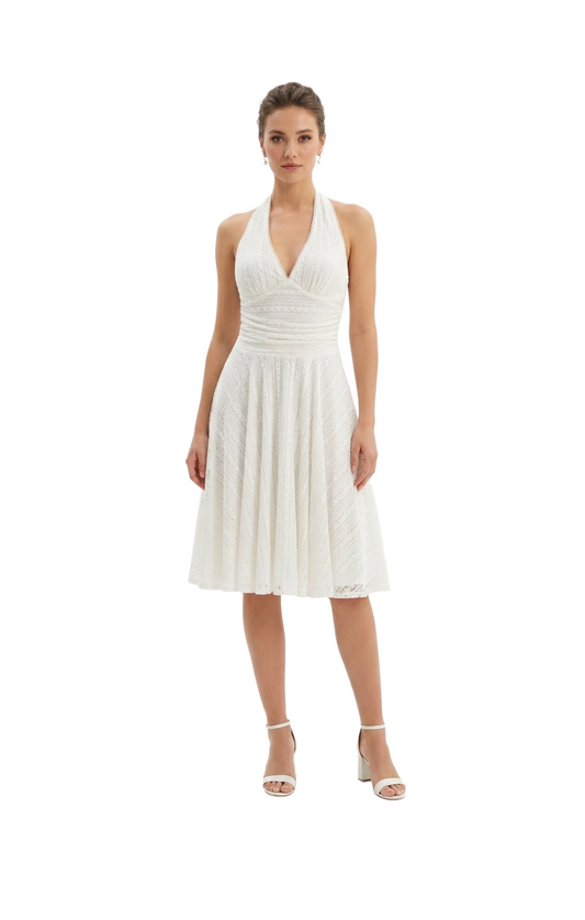 Vestido blanco tipo halter corte en A tela mesh