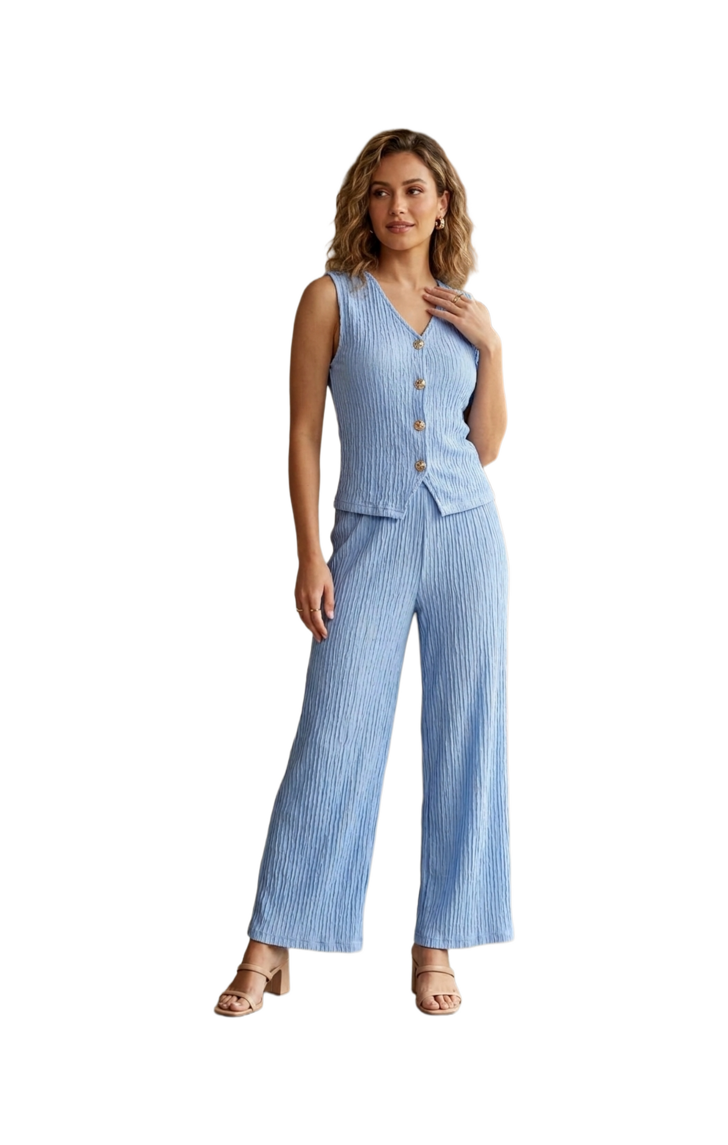 Conjunto azul acanalado de chaleco y pantalón