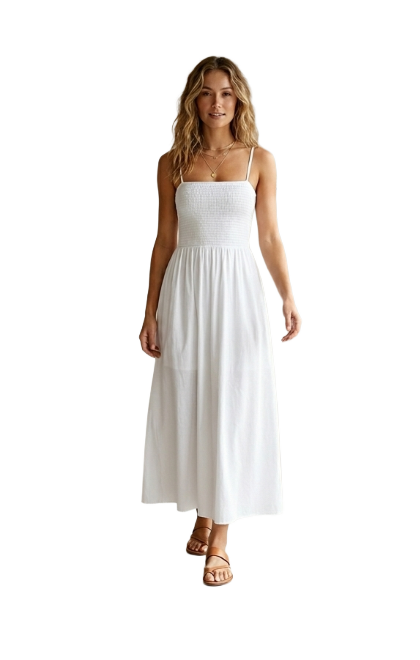 Vestido blanco de tirantes con plisado de elasticos en pecho
