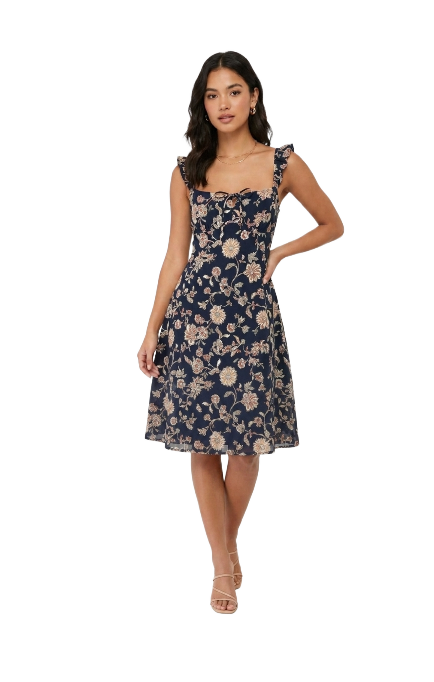 Vestido azul floreado con amarre en pecho