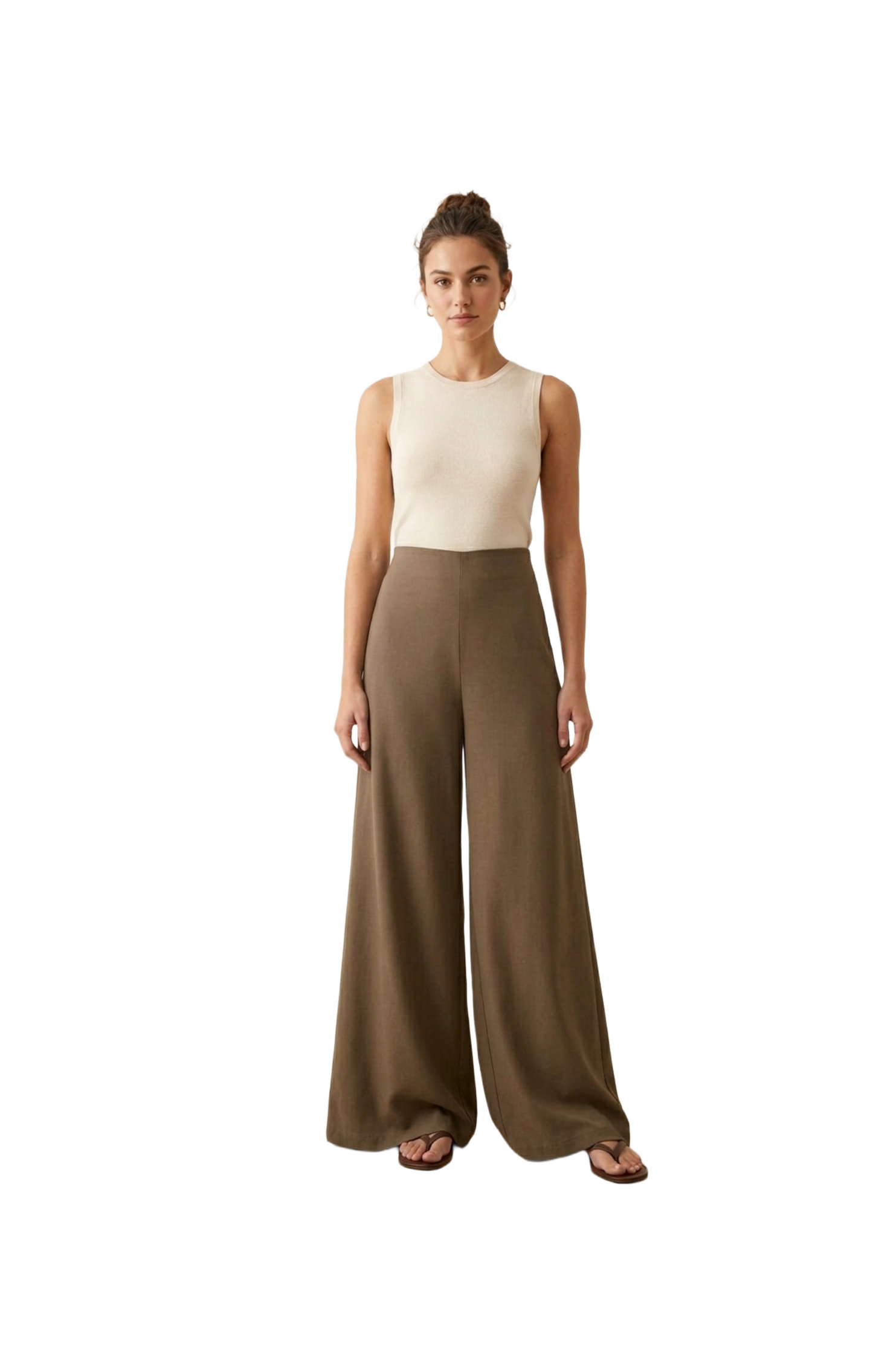 Pantalon cafe amplio corte recto con elastico en cintura