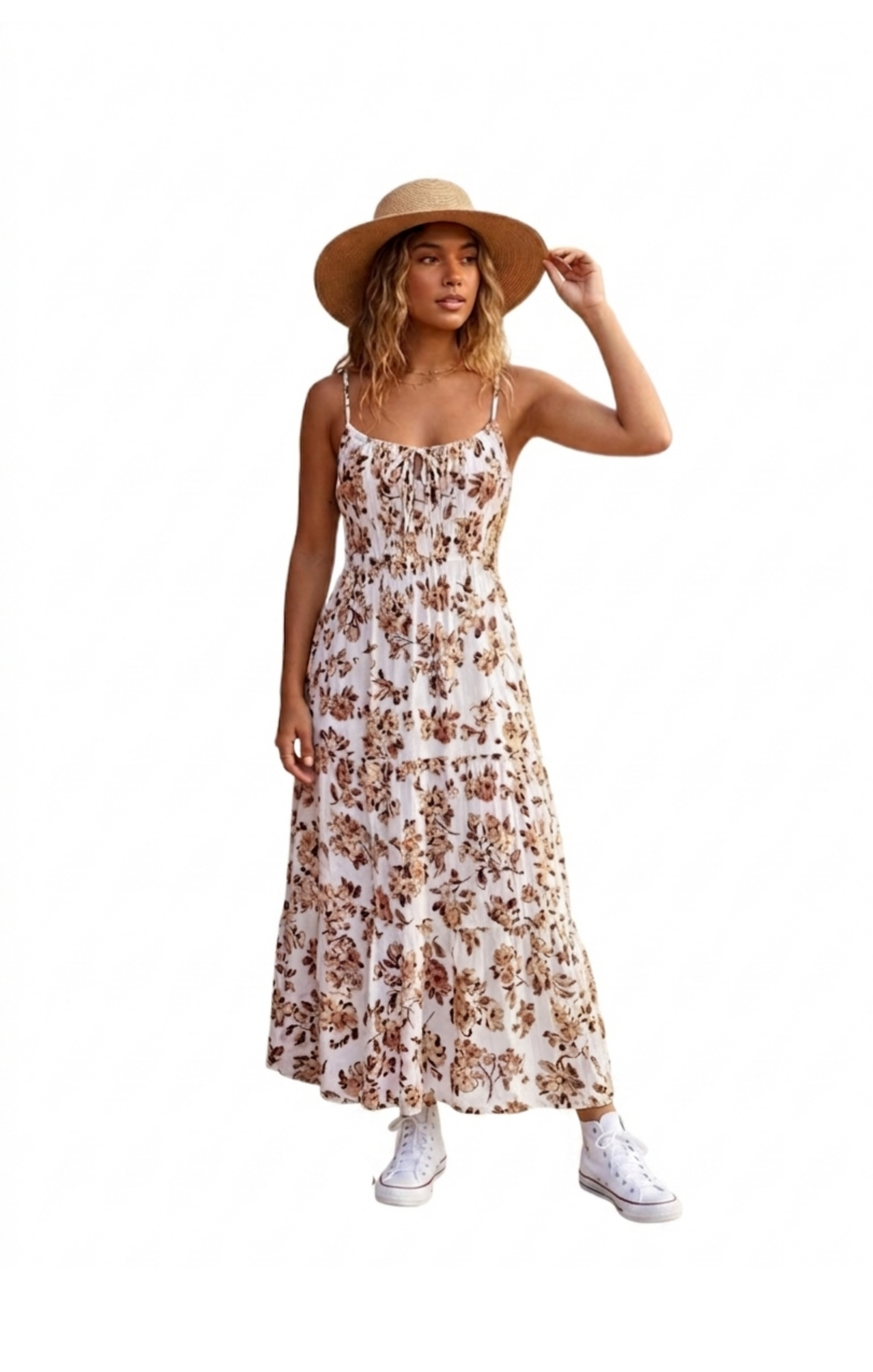 Vestido beige con flores cafes largo de tirantes
