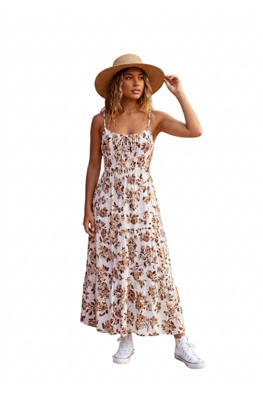 Vestido beige con flores cafes largo de tirantes