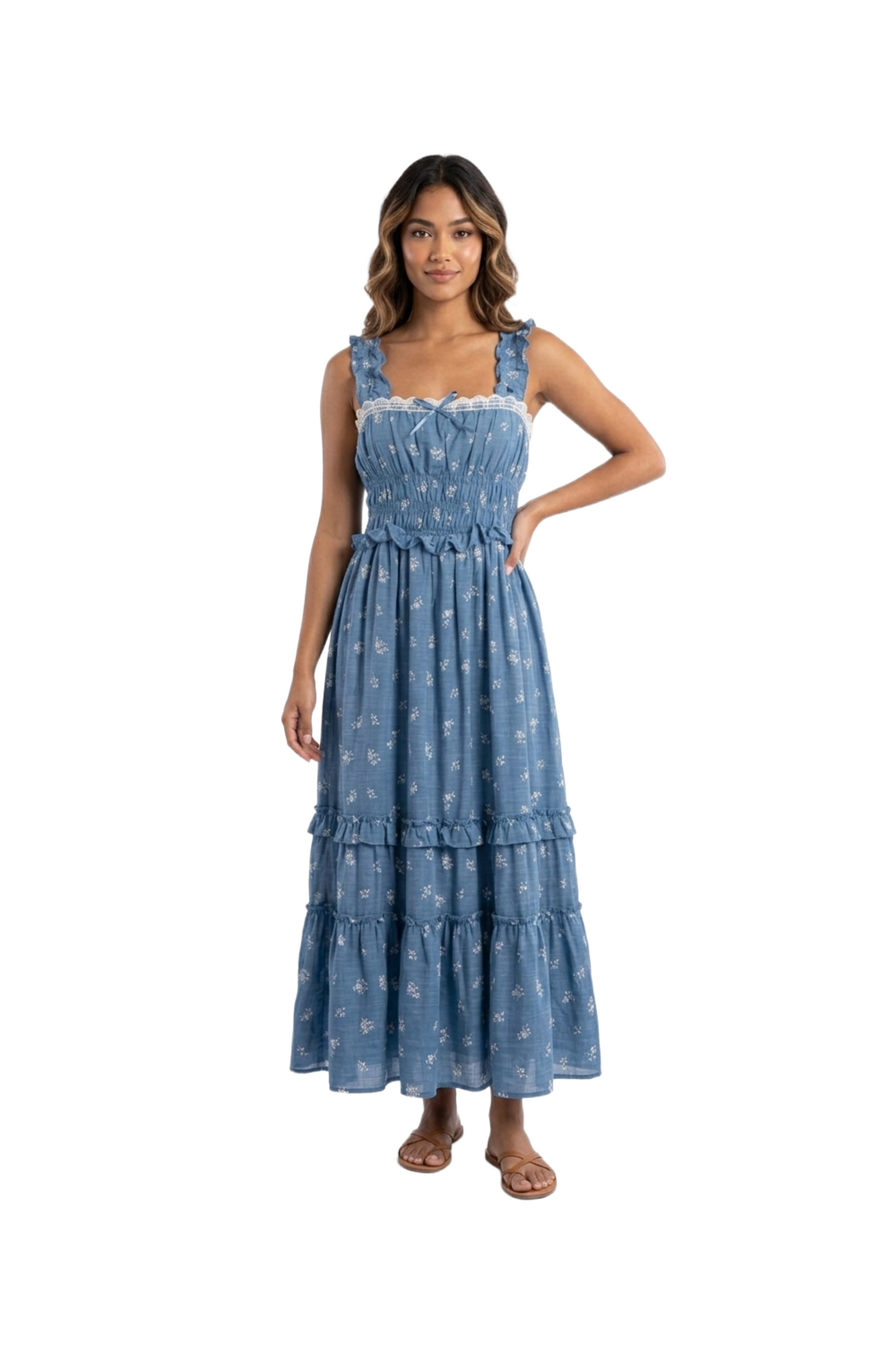 Vestido azul con flores bordeadas