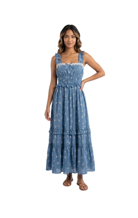 Vestido azul con flores bordeadas