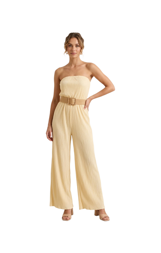 Jumper strapless amarillo acanalado con cinturón de paja