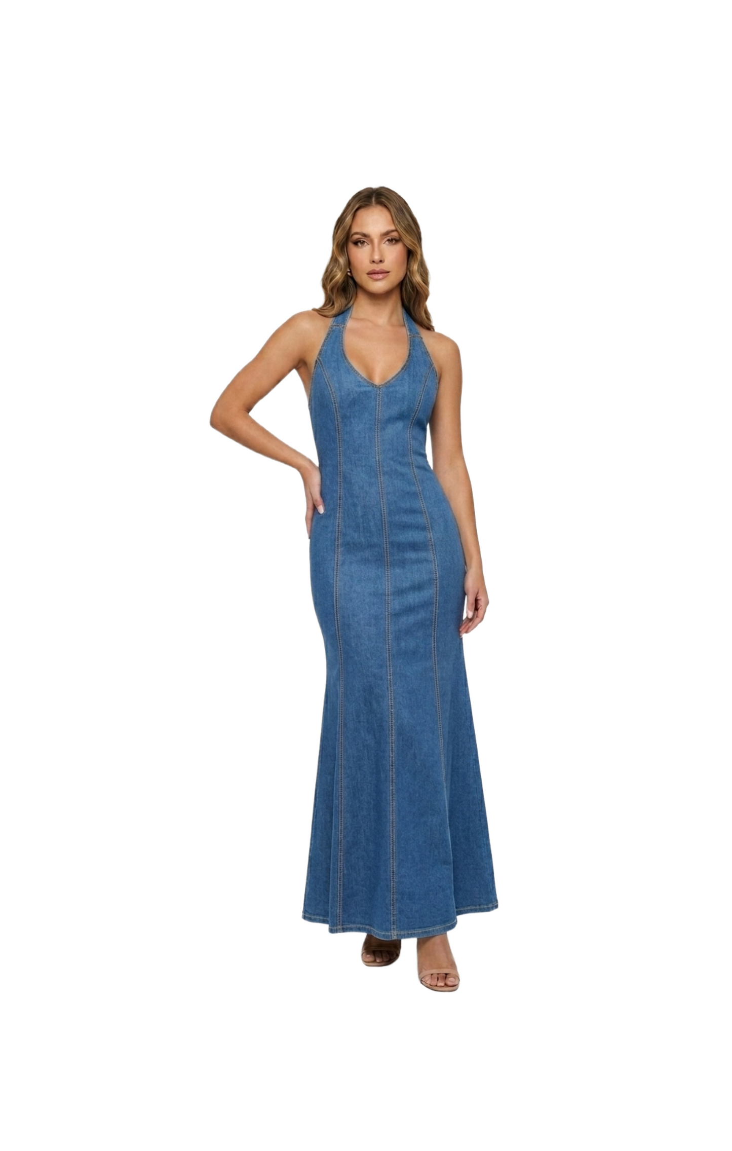 Vestido de mezclilla largo halter con amarre en cuello