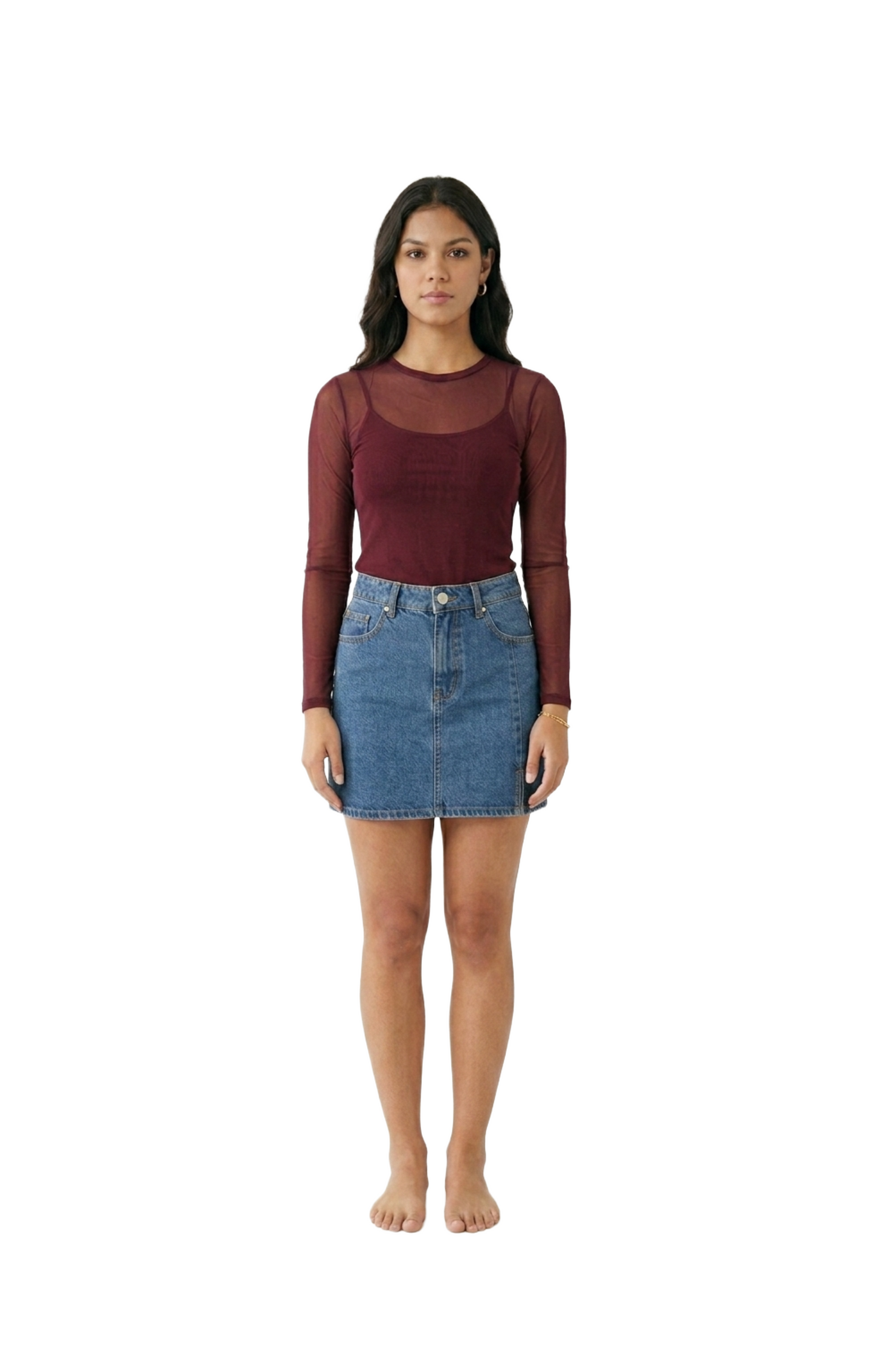 Blusa mesh cuello redondo manga larga