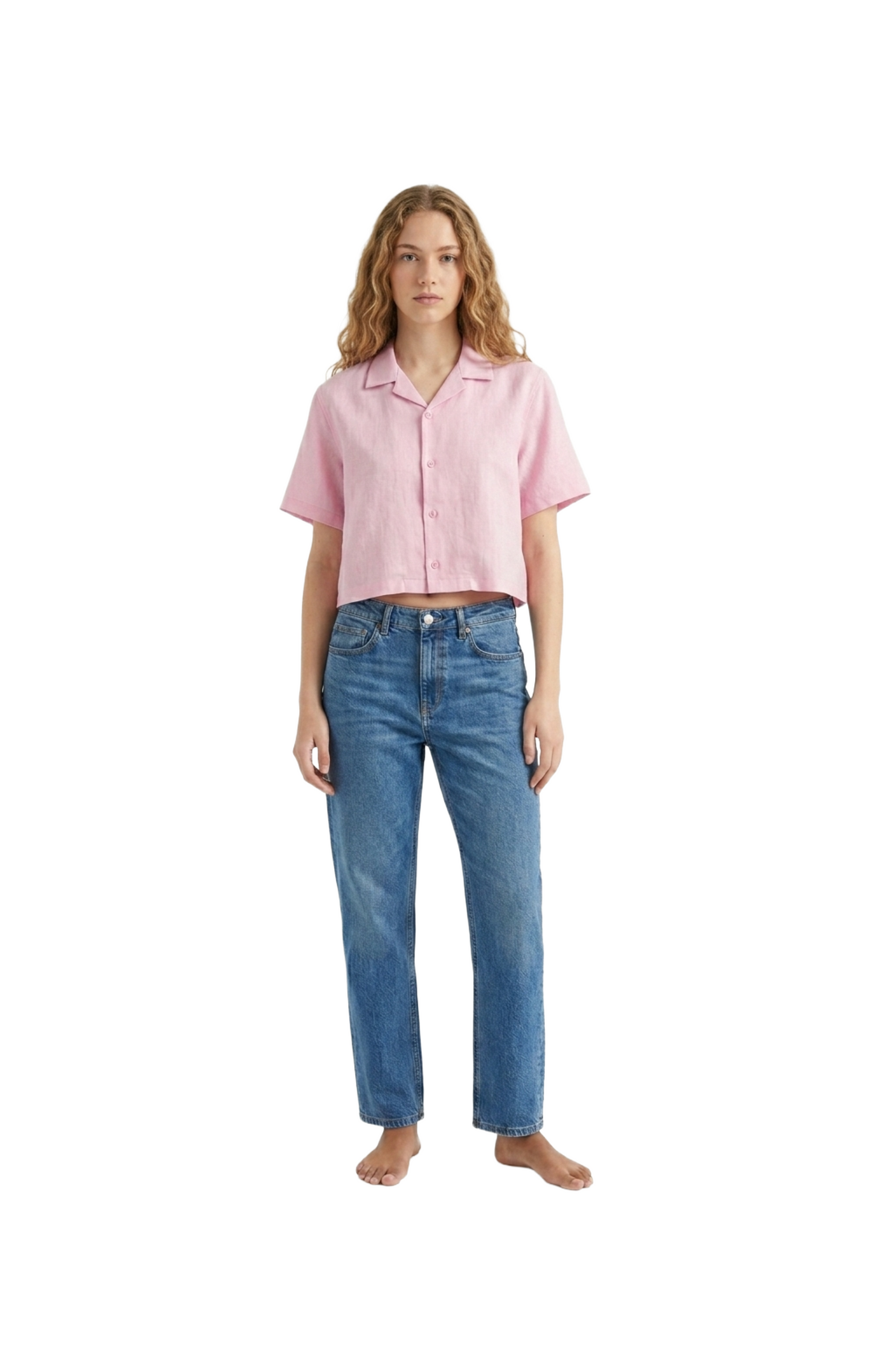 Crop top oversize rosa abotonado de lino