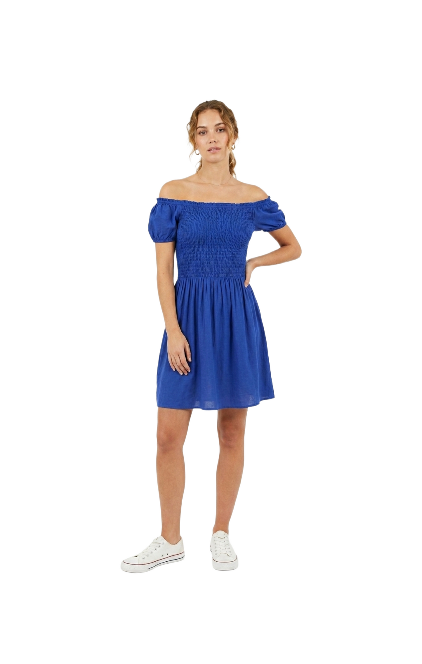 Vestido azul plisado en pecho