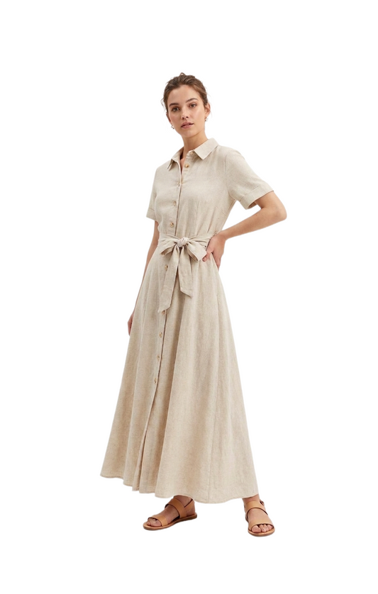 Vestido beige abotonado largo