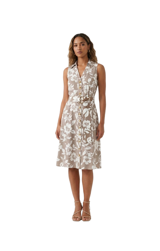 Vestido abotonado con cinto floreado
