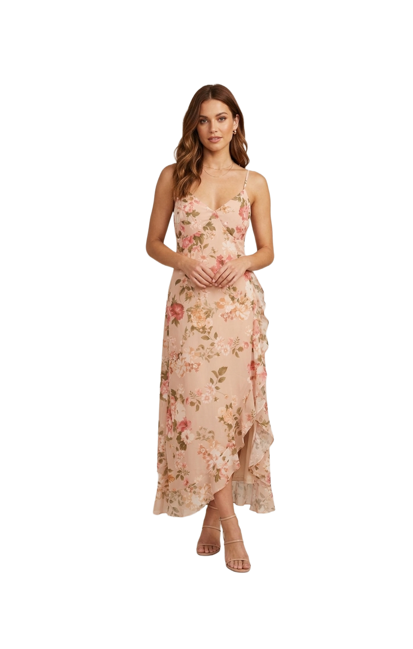 Vestido de tirantes cruzado cafe con flores
