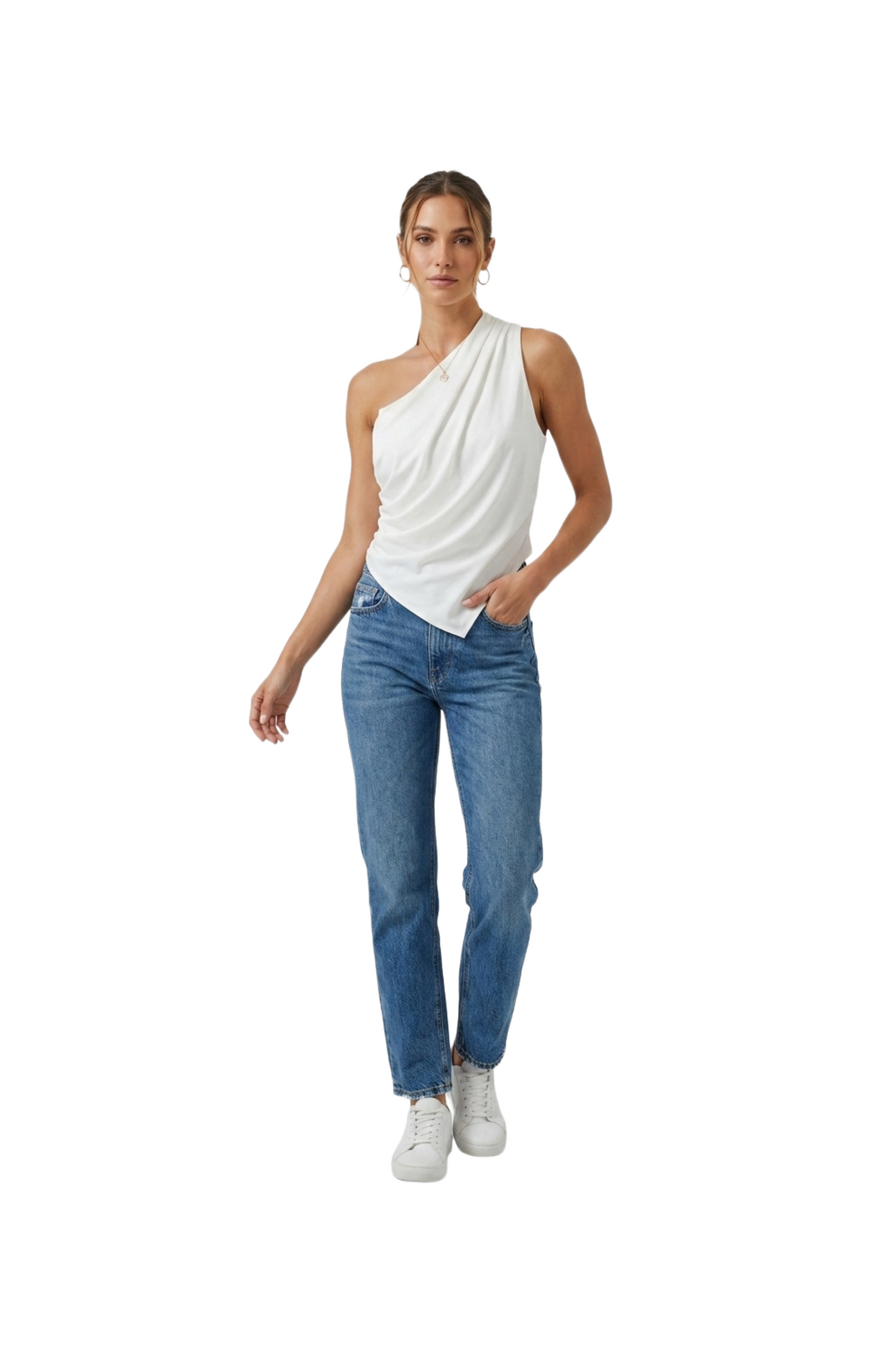 Blusa blanca de un tirante con plisado lateral corte asimetrico