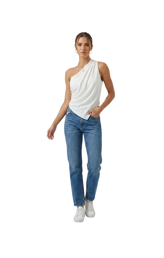 Blusa blanca de un tirante con plisado lateral corte asimetrico