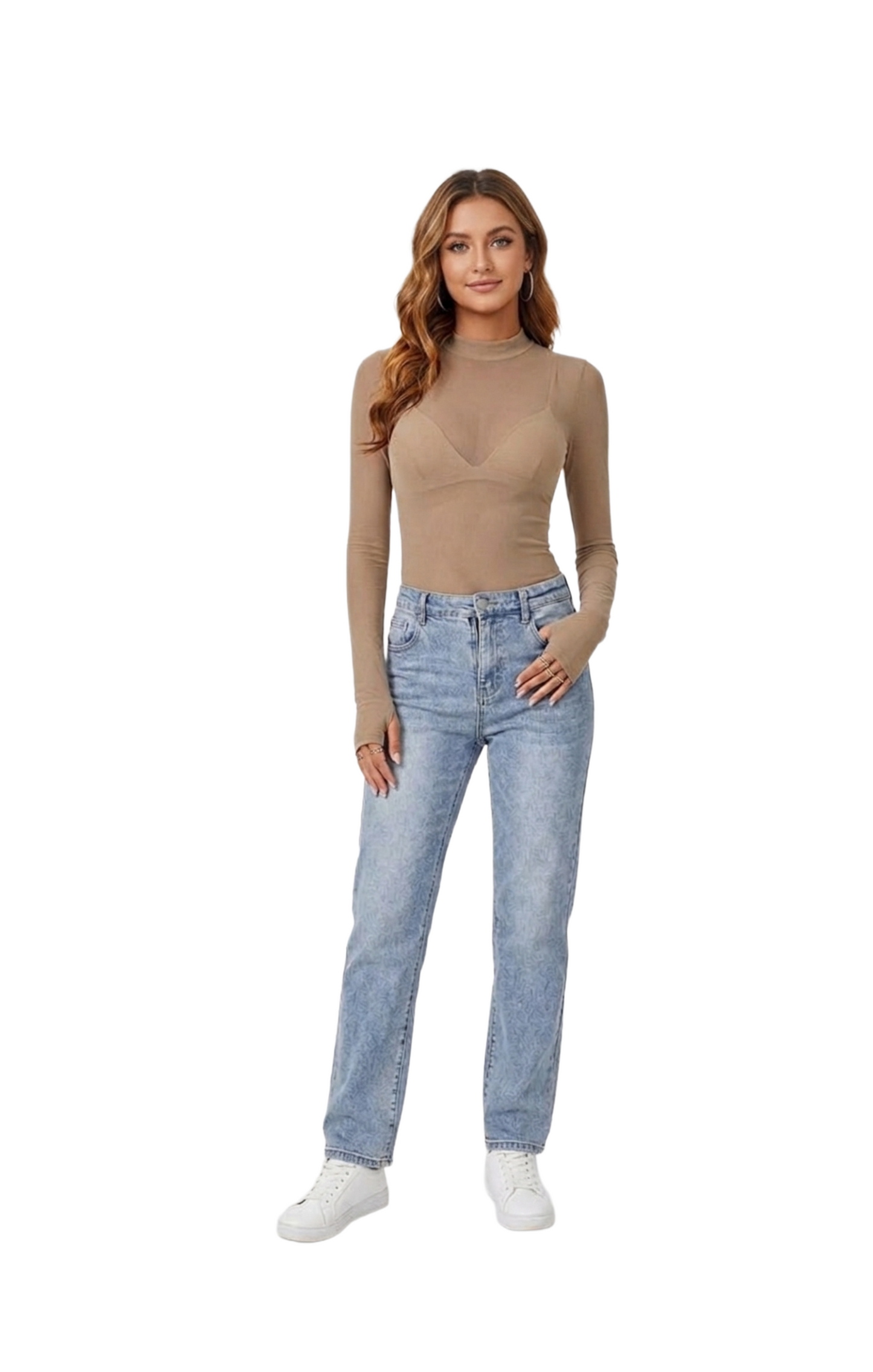 Blusa mesh beige manga larga cuello alto