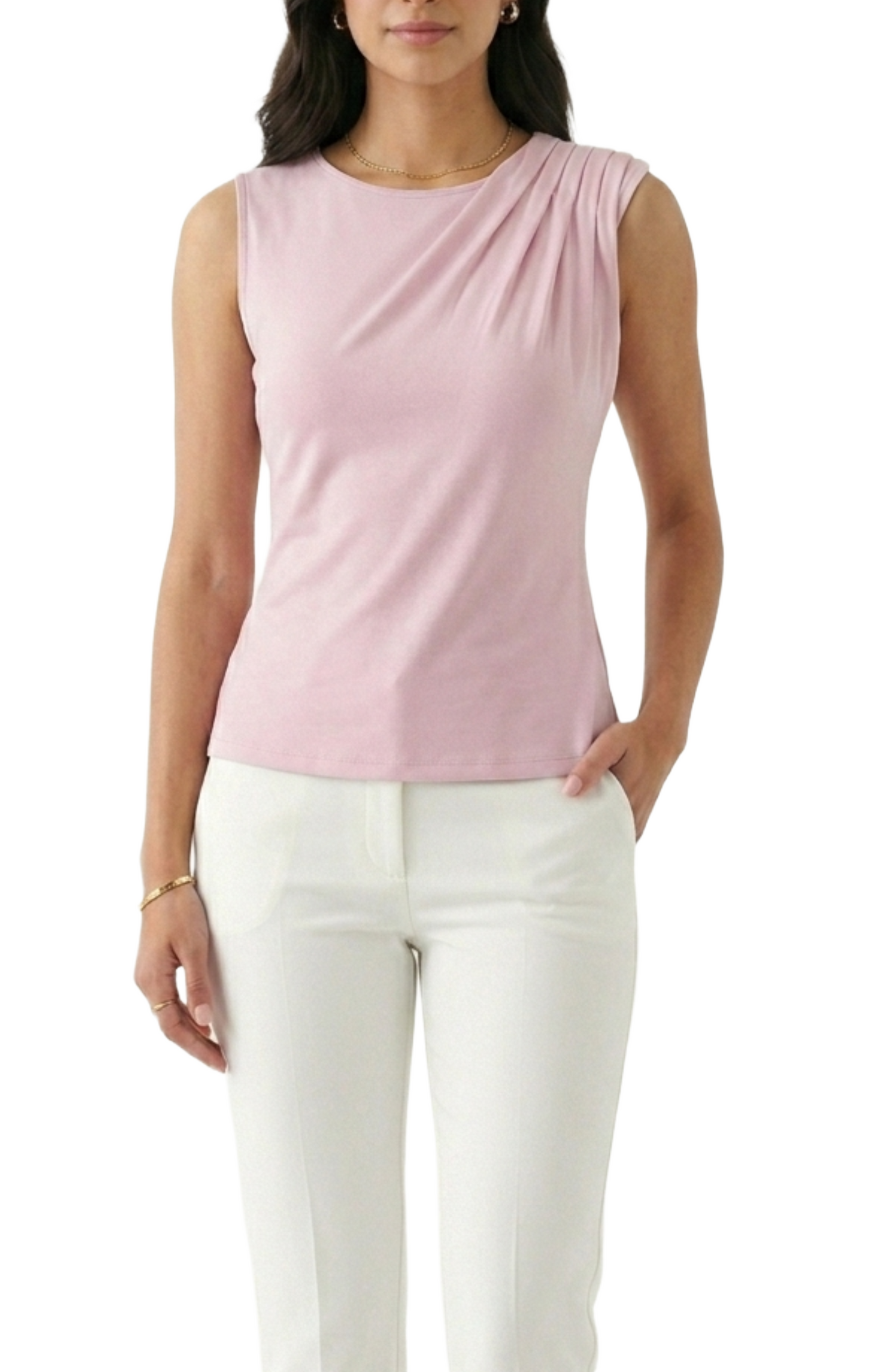 Blusa rosa con cuello redondo y hombro plisado