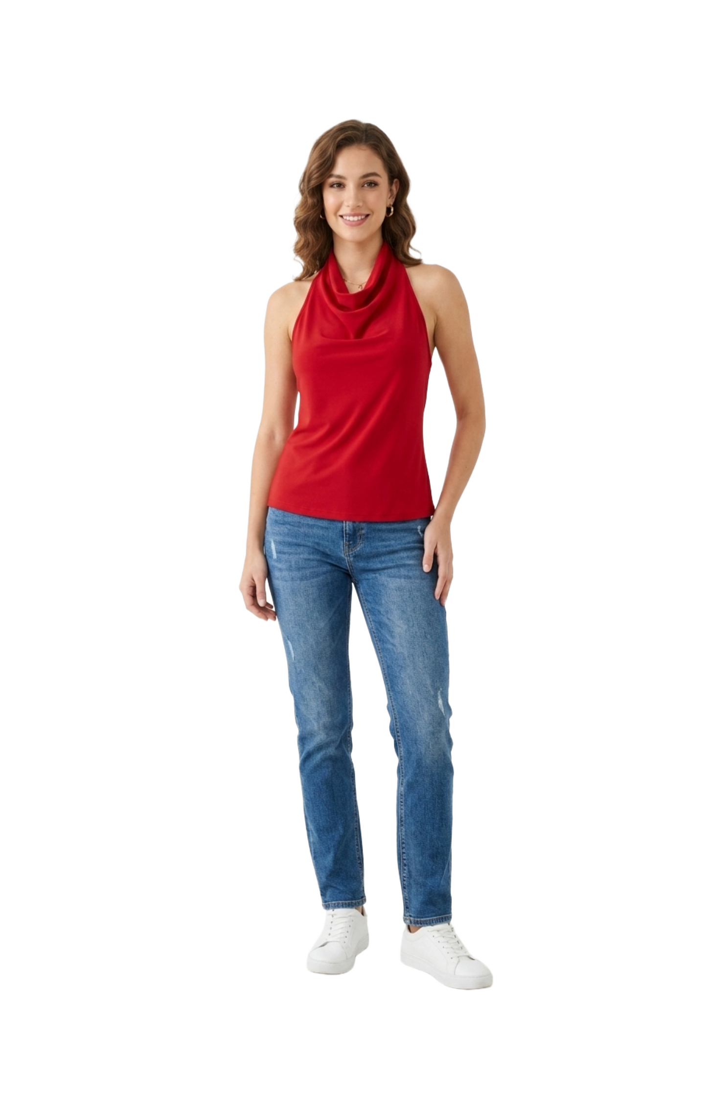 Blusa roja estilo halter roja con cierre a botón en cuello