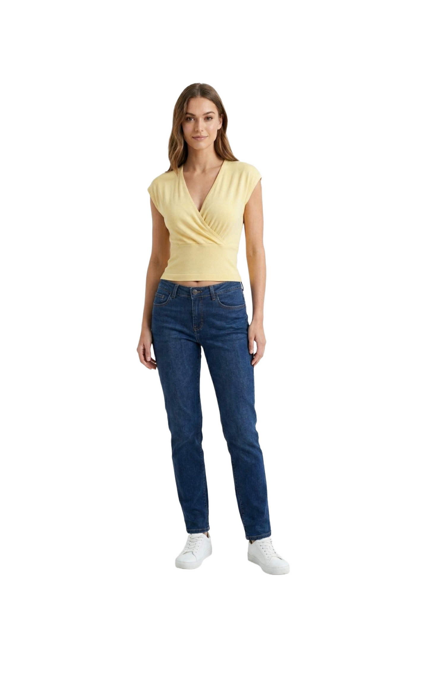 Blusa amarilla acanalada plisados laterales con escote en V