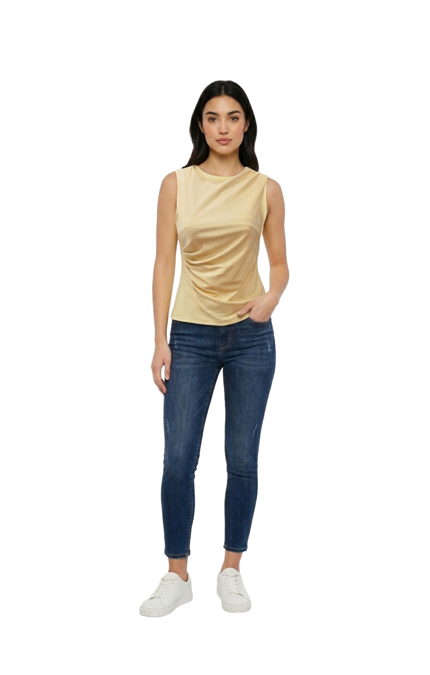 Blusa amarilla plisada lateral de cuello redondo