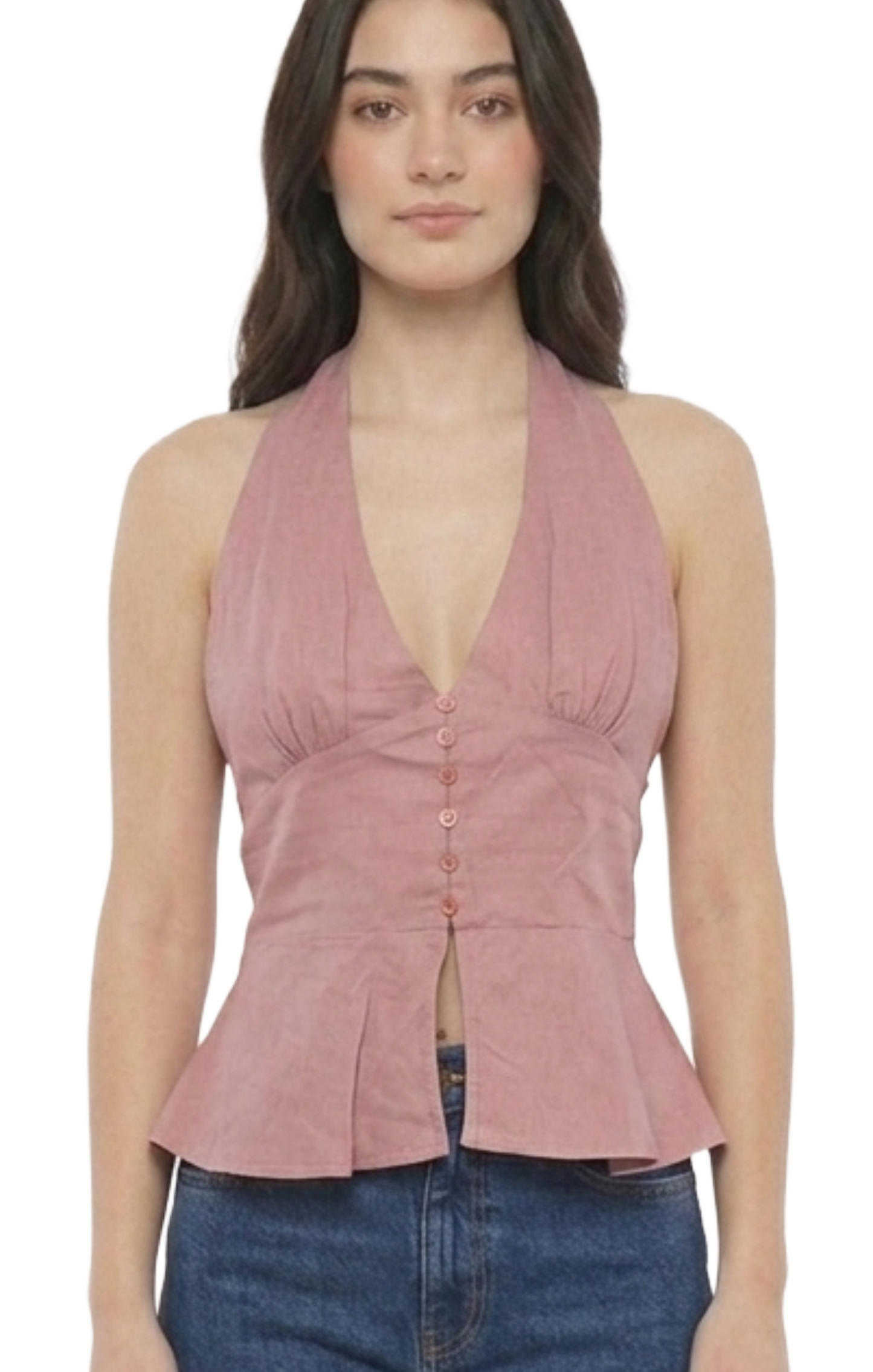 Top morado con escote tipo halter abotonado