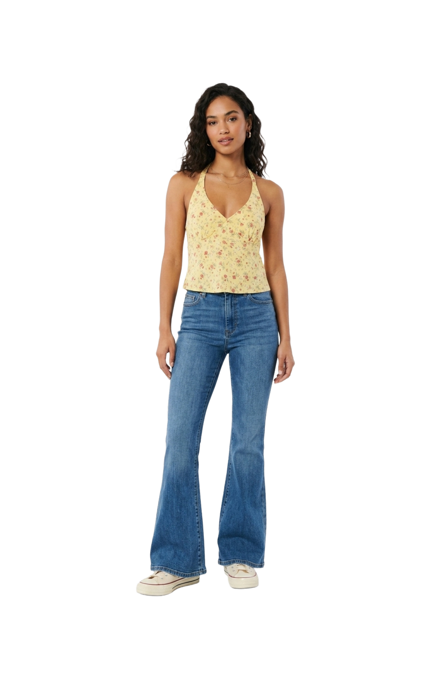 Top estilo halter amarillo con estampado de flores