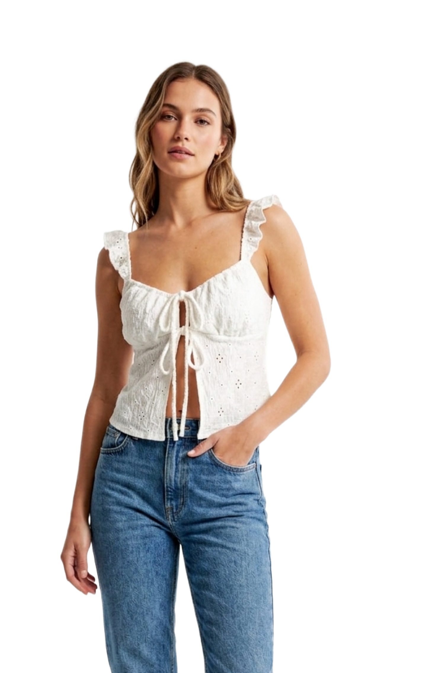 Blusa beige perforada con amarre al centro