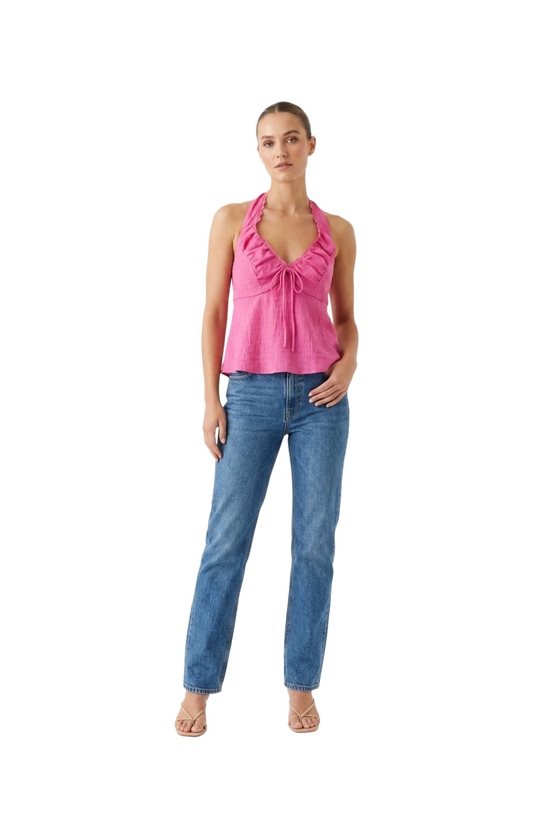 Blusa rosa tipo halter con moño en pecho y encaje decorativo
