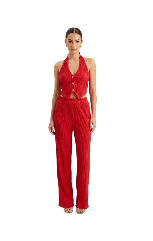 Conjunto de dos piezas rojo acanalado de blusa estilo halter y pantalon