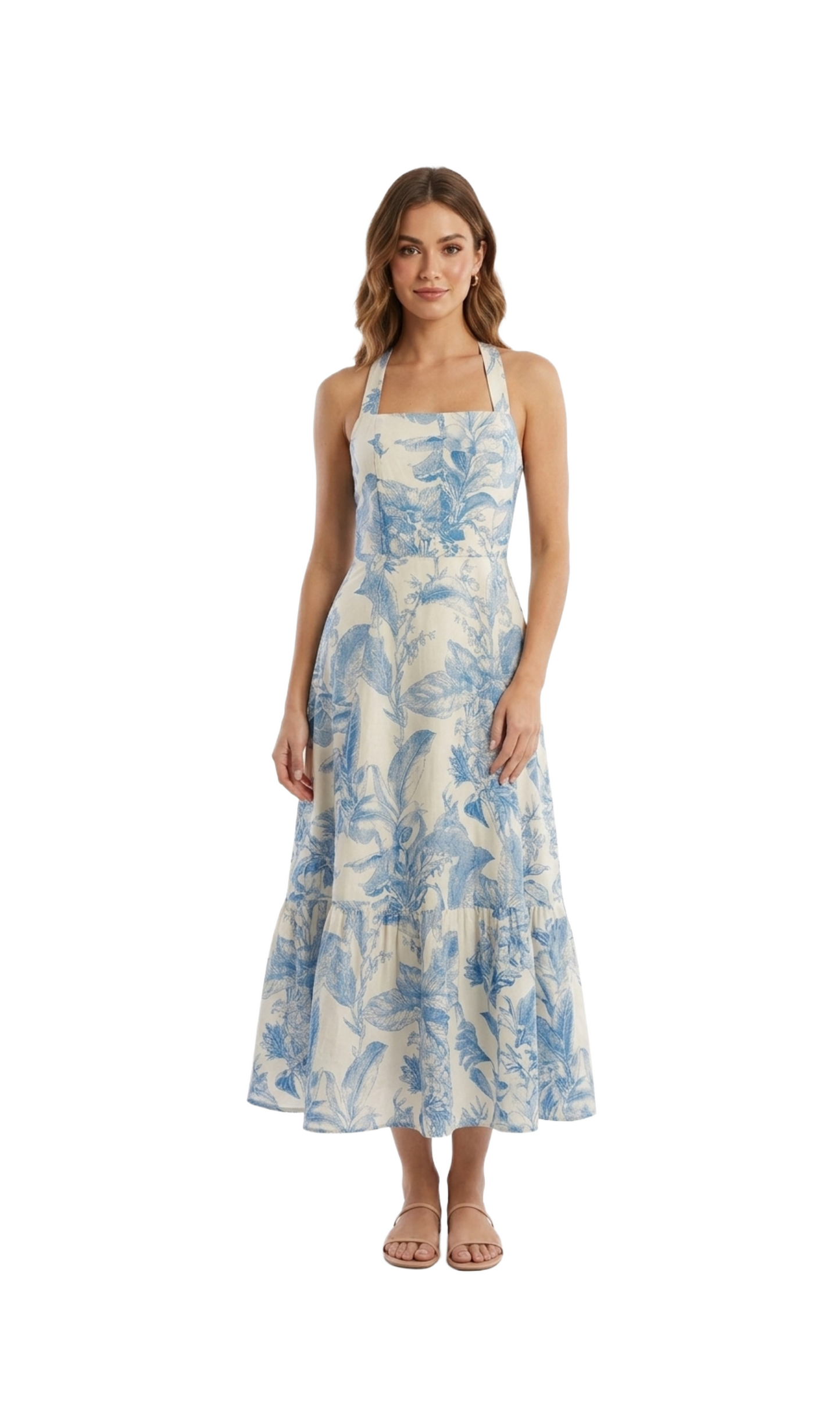 Vestido blanco con estampado tipo beteado azul