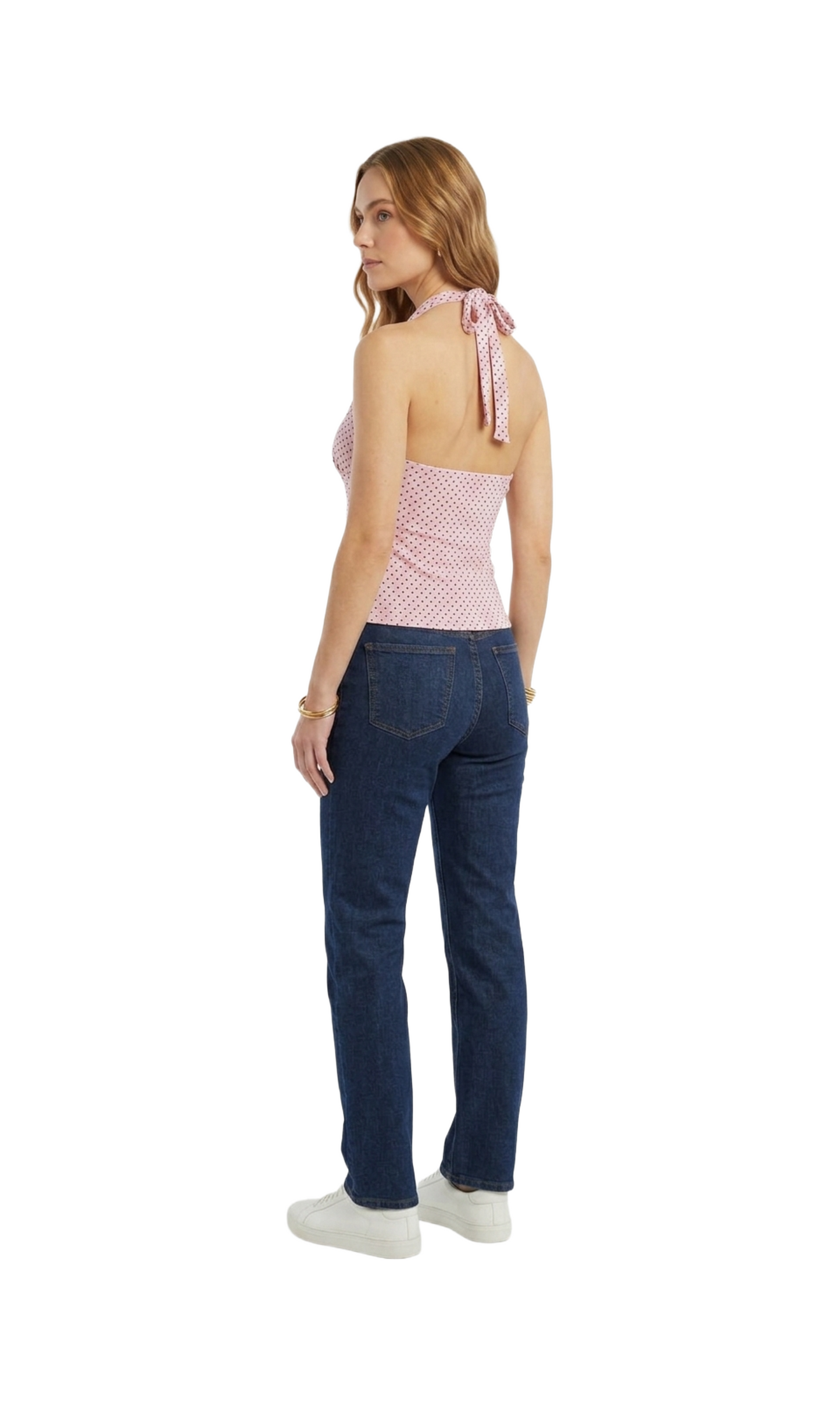 Top estilo halter rosa con puntos rojos