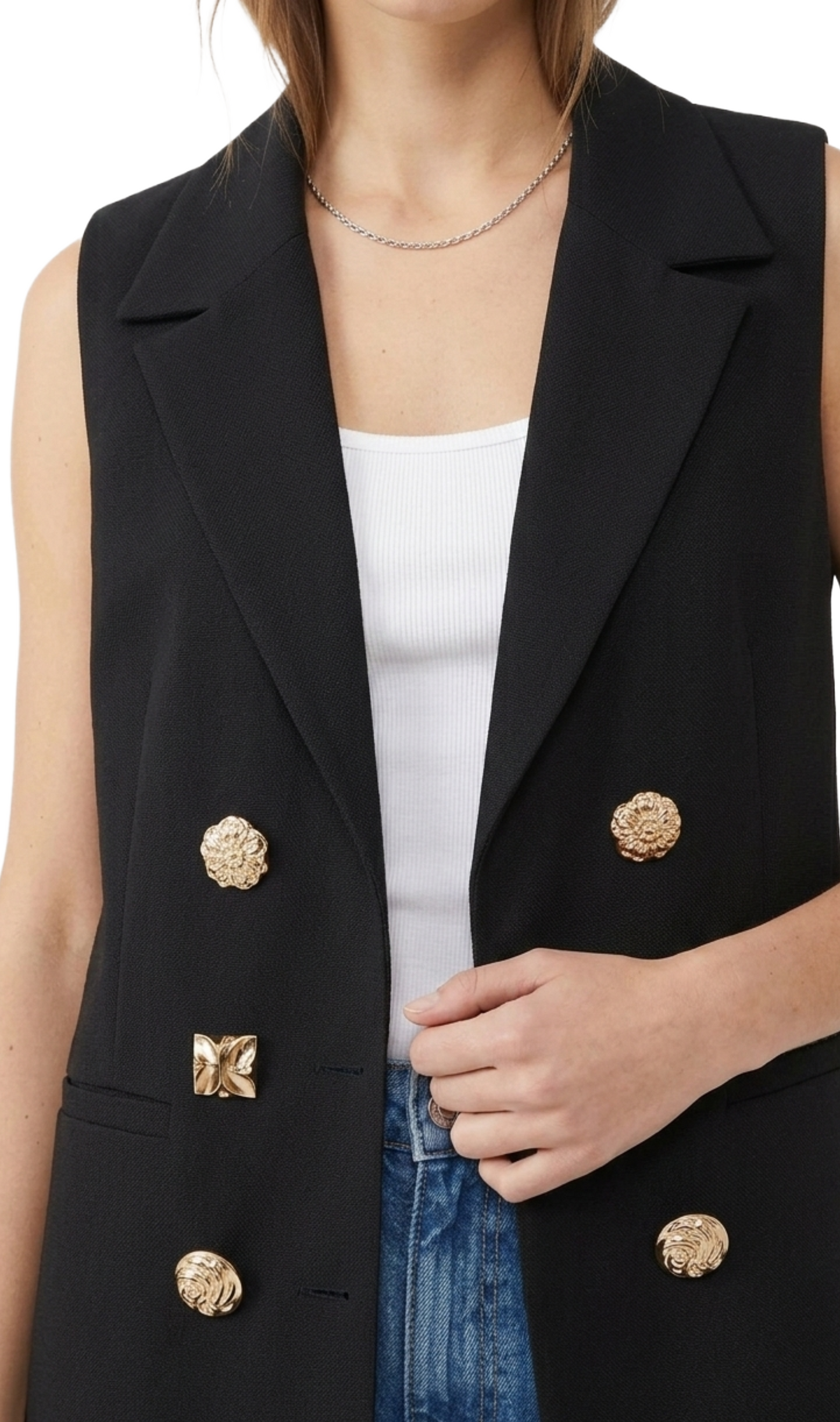 Chaleco de vestir con botones de metal decorativos